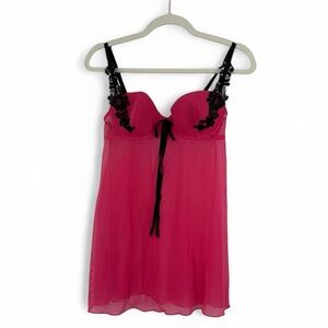 Inner Secrets Hot Pink & Black Lace Babydoll Lingerie Sheer Mesh Nightwear, M